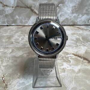 Vintage Timex Marlin Watch Silver Blue Manual Semi Stretch Band Working 70's